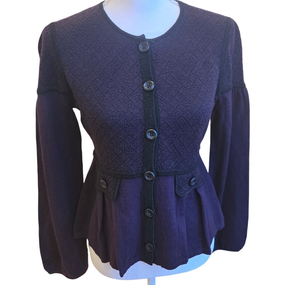 Nanette Lepore Purple Knit Peplum Cardigan Sweater Wool Whimsigoth Career Medium